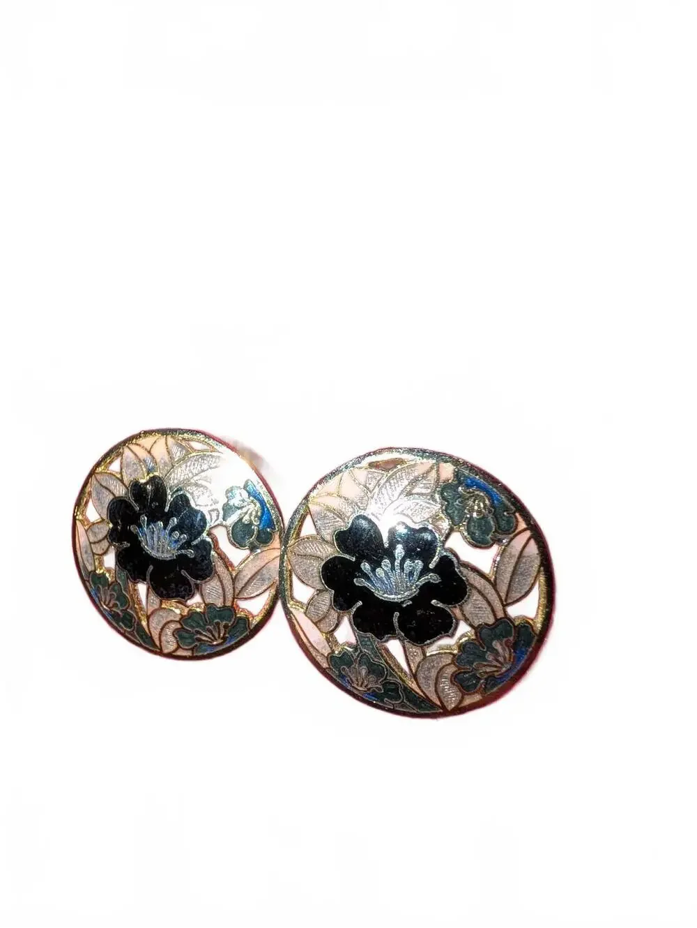 Vintage Cloisonné Floral Round Pin Brooch Set